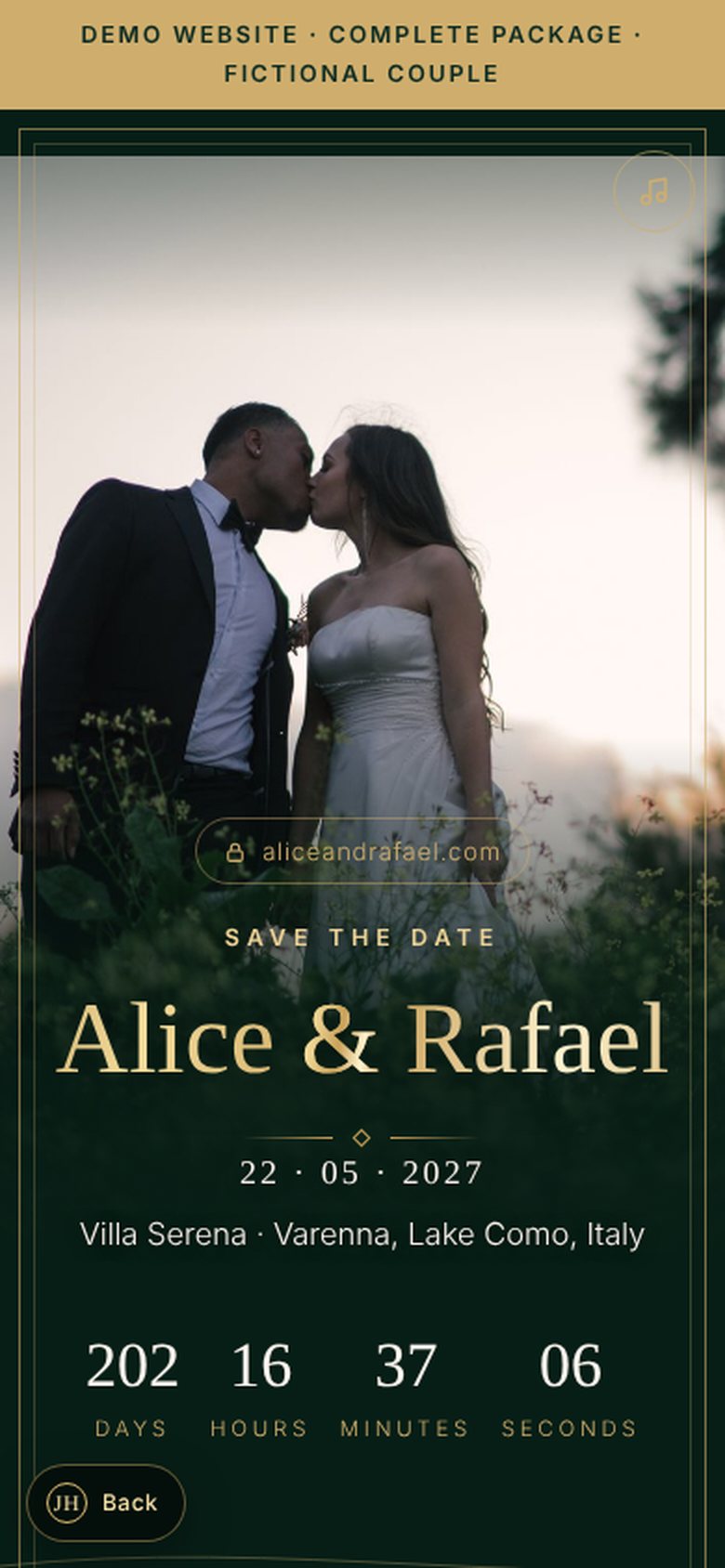 Wedding website demo on a phone